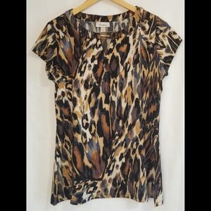 Dressbarn Leopard-Print Short Sleeve Tunic in Brown and Black Accents Size L
